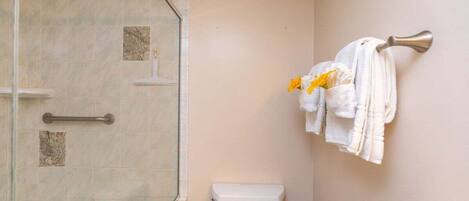 A bathroom with a glass-enclosed shower, a toilet, and towels hanging on a wall-mounted rack.