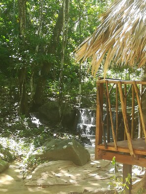 Un ambiente naturale con una struttura in legno, una cascata e un tetto di paglia.