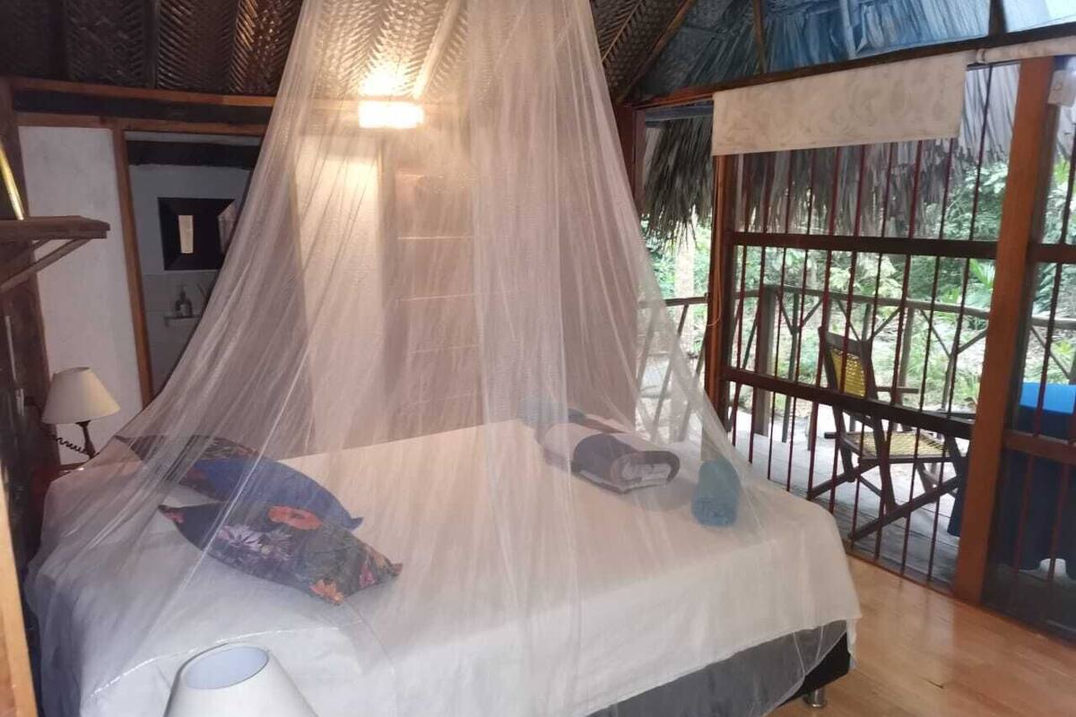 A bed with a mosquito net, a nightstand, a lamp, and a view of the outdoors.