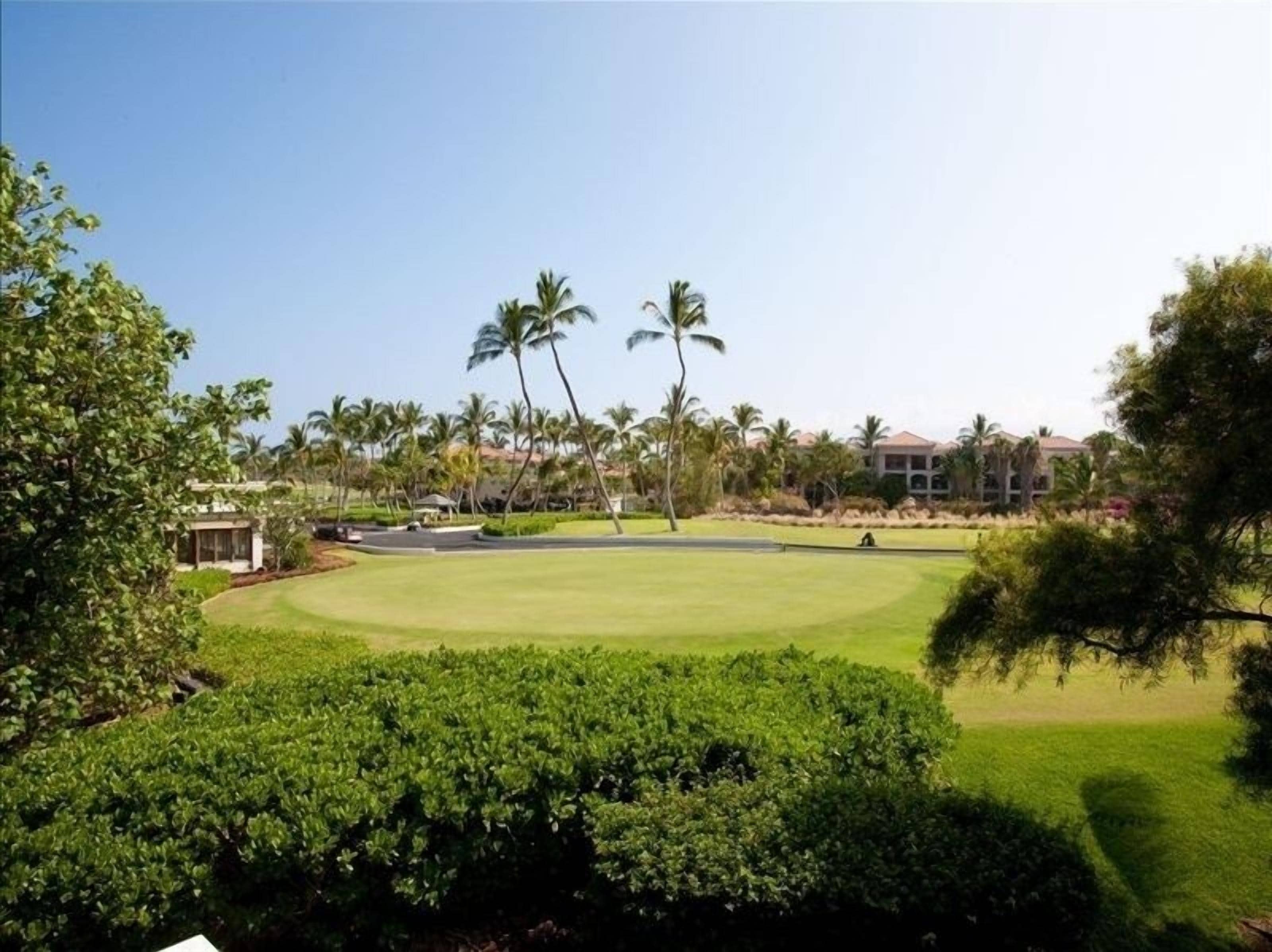 Un campo de golf con un césped bien cuidado, rodeado de palmeras y un edificio al fondo.