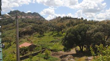 A rural landscape with a stone wall, trees, and a small building with a red roof.