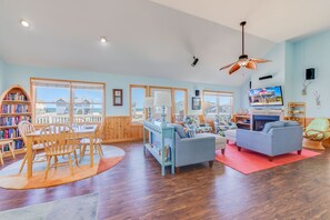 TV, DVD player, books, video library