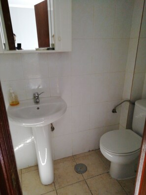 A small bathroom with a white sink, a toilet, and a mirror above the sink.