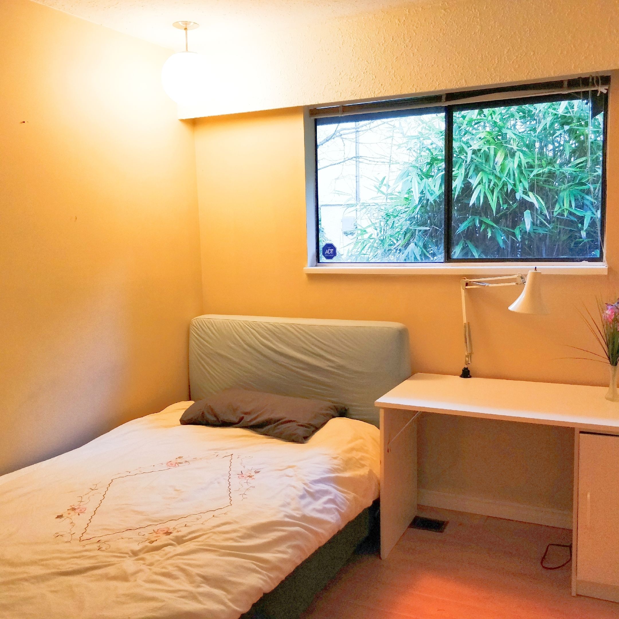 A small bedroom with a single bed, a desk, and a window with a view of greenery.