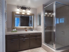 Combined shower/tub, hair dryer, towels, soap