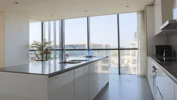 Apartamento luxo | Cozinha privada | Geladeira, micro-ondas, fogão, lava-louças