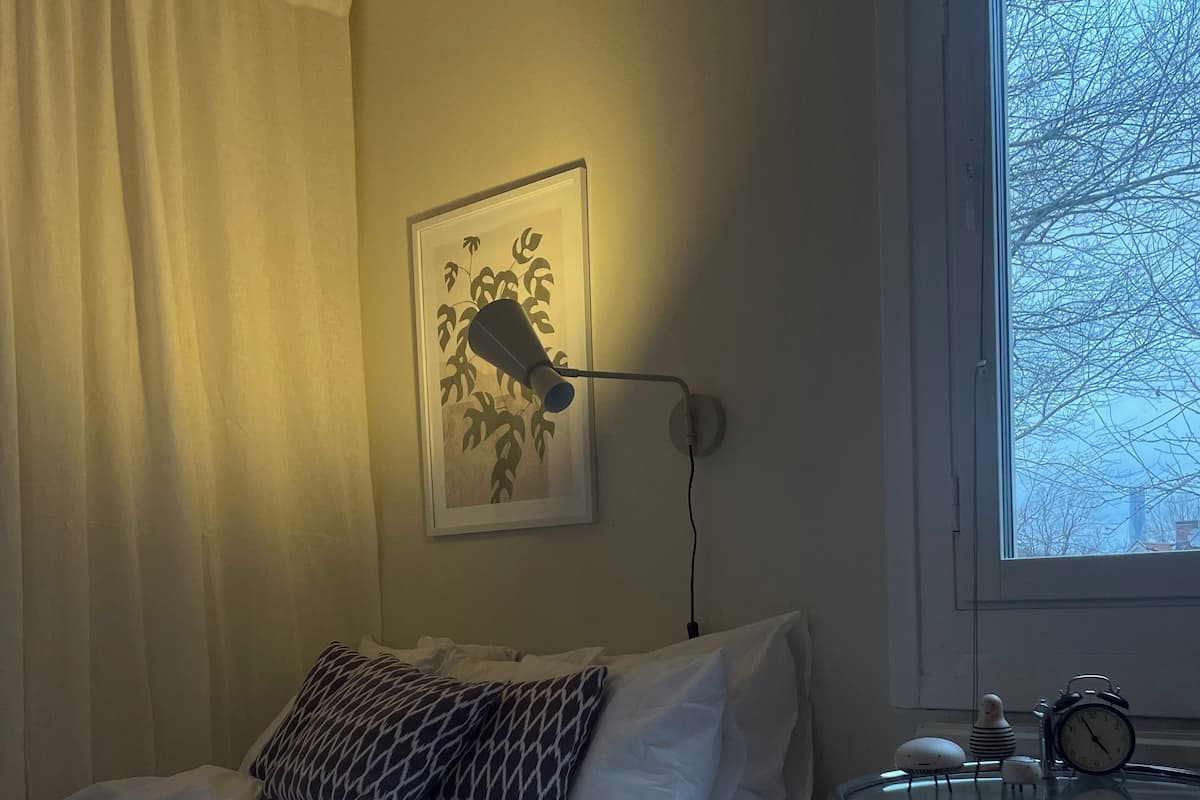 Een slaapkamer met een bed, een nachtkastje met een klok, een wandlamp, een raam met uitzicht op bomen, en een lijst met een afbeelding aan de muur.