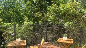 Une terrasse extérieure avec des tables et des chaises en bois, entourée d’une végétation luxuriante et d’une clôture en métal.