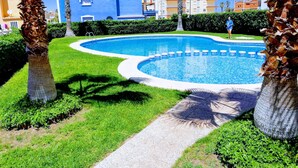 A swimming pool surrounded by palm trees and a well-maintained lawn, with a building in the background. - Delfines Bl. VII 2º  Solo Familias! (Xeraco Playa)