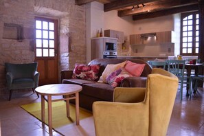 TV, fireplace, books