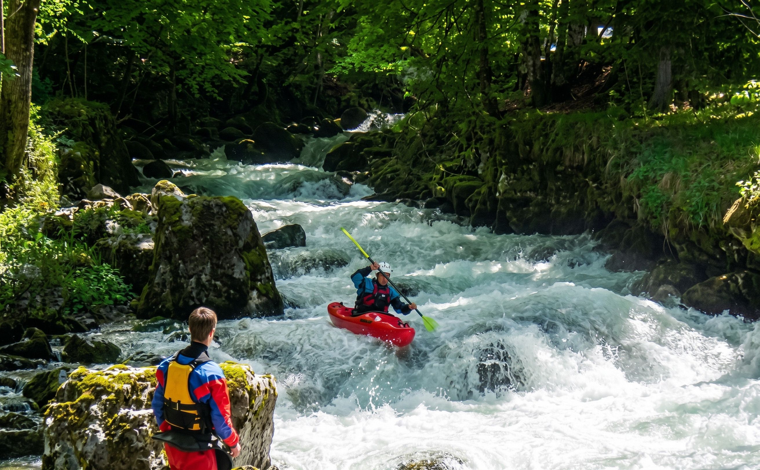 Une rivière aux eaux tumultueuses, bordée de verdure et de rochers.