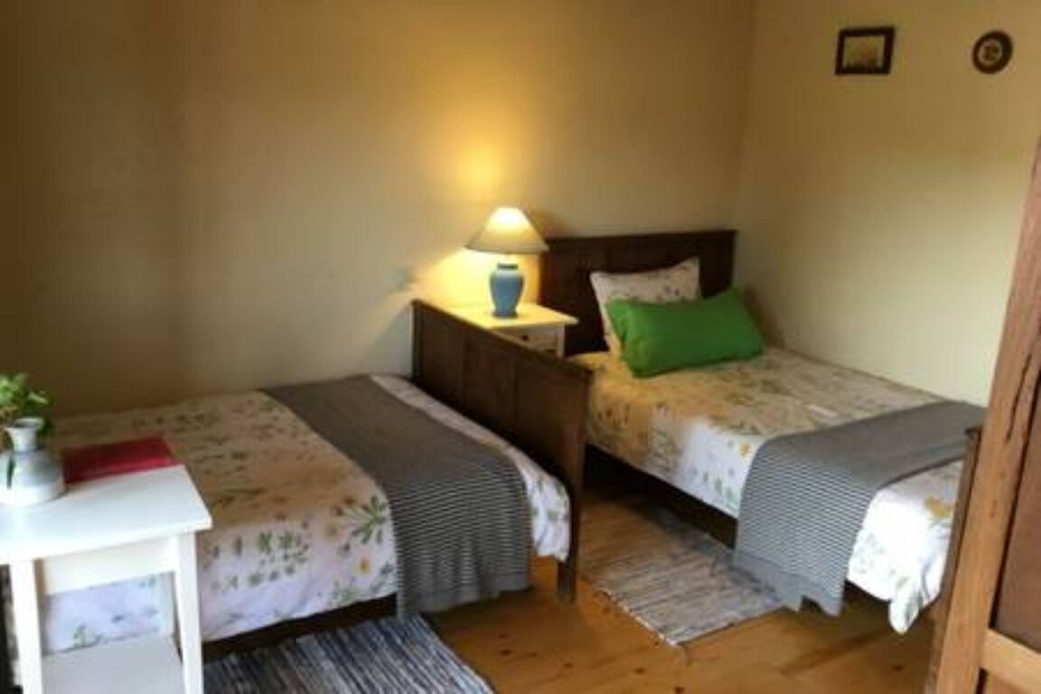 A small, cozy room with two single beds, a nightstand with a lamp, a small table with a plant, and a framed picture on the wall.