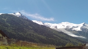 Een berglandschap met besneeuwde toppen, dicht bos en een heldere lucht.