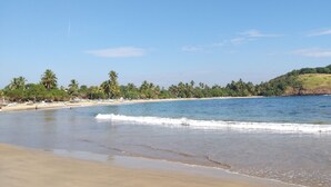 A beach with clear blue water, sandy shore, and palm trees. - The Bay Beach (Tangalle)