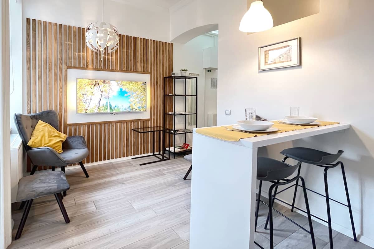 Standaard appartement | Woonruimte | Een 55-inch flatscreentelevisie met digitale zenders en een televisie
