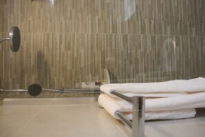 Shower, hair dryer, towels, toilet paper