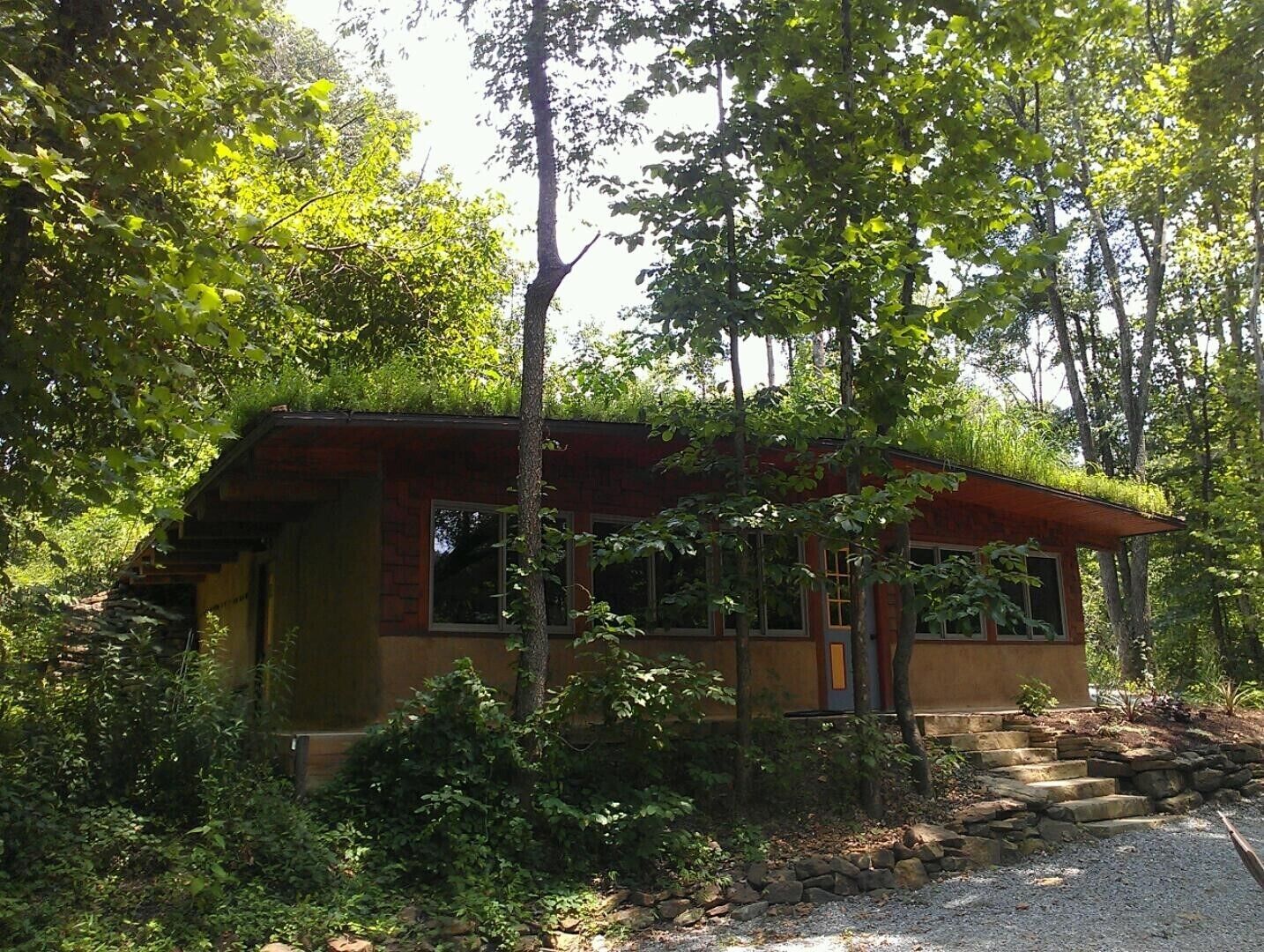 Una cabaña rústica rodeada de un denso bosque.