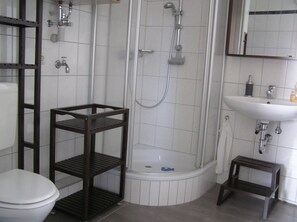Combined shower/bathtub, hair dryer, towels, soap