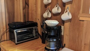 Coffee/tea maker, fridge, microwave, cookware/dishes/utensils - "Flatts" Deluxe Camping Cabin #6 | Pet Friendly (Jackson Township)