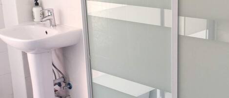 A bathroom with a toilet, sink, and frosted glass shower enclosure.
