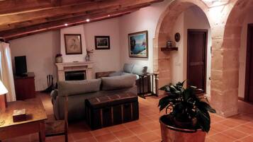 Een televisie, een open haard en boeken