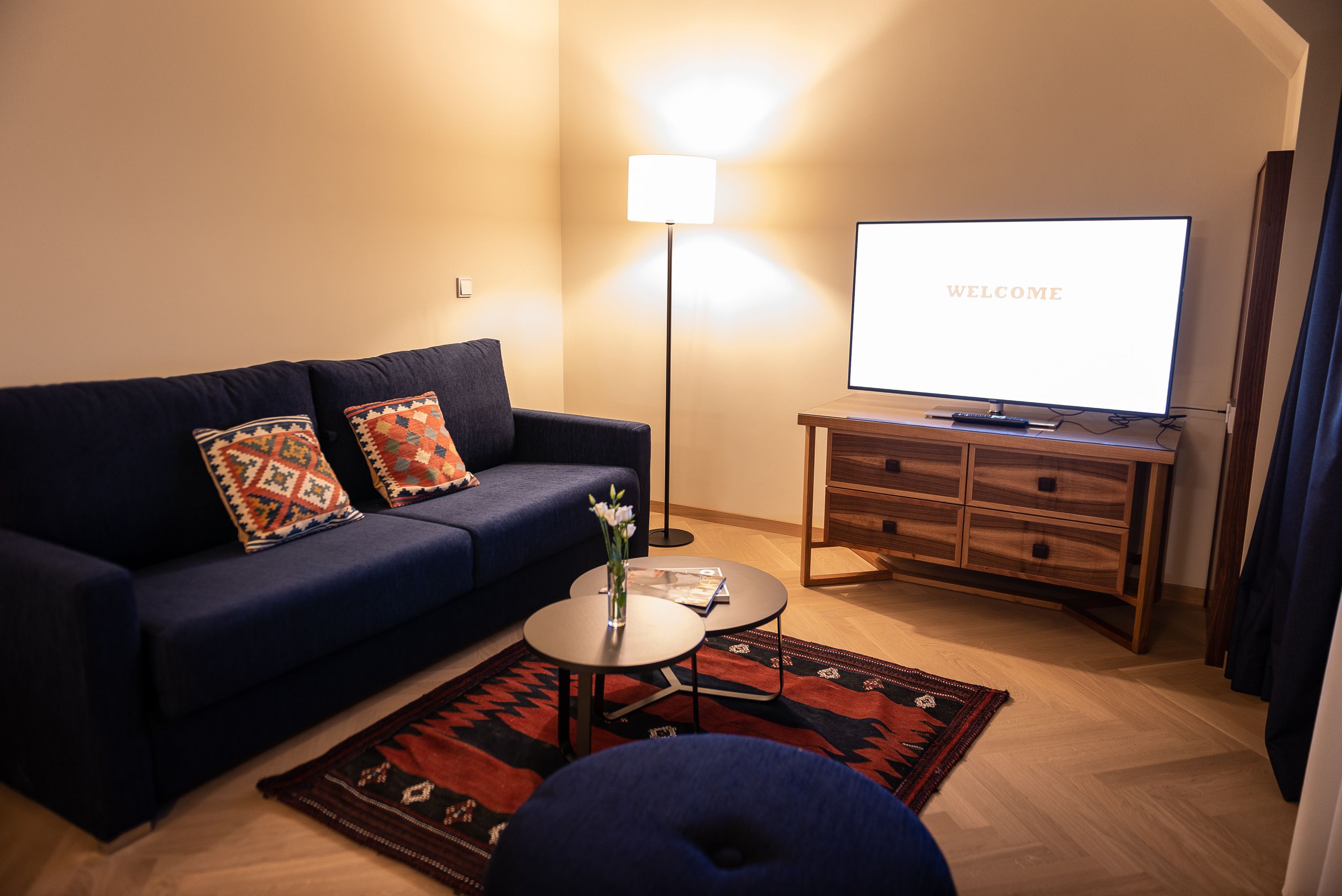 Ein modernes Wohnzimmer mit einem dunkelblauen Sofa, gemusterten Kissen, einem kleinen runden Couchtisch, einer Stehlampe, einem Fernseher auf einem Holzgestell und einem Teppich mit Muster.