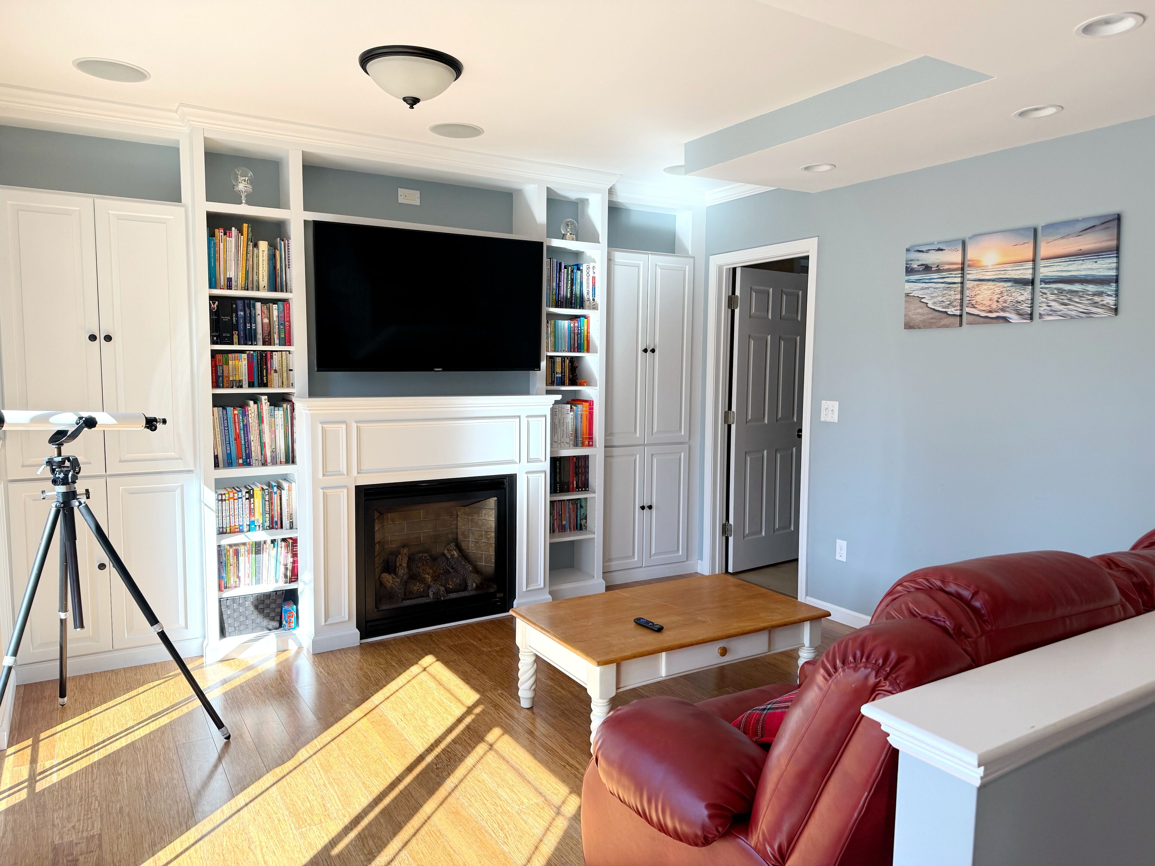 TV connectée, cheminée, livres