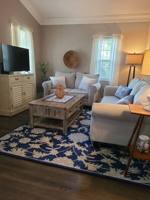 Smart TV, fireplace, books