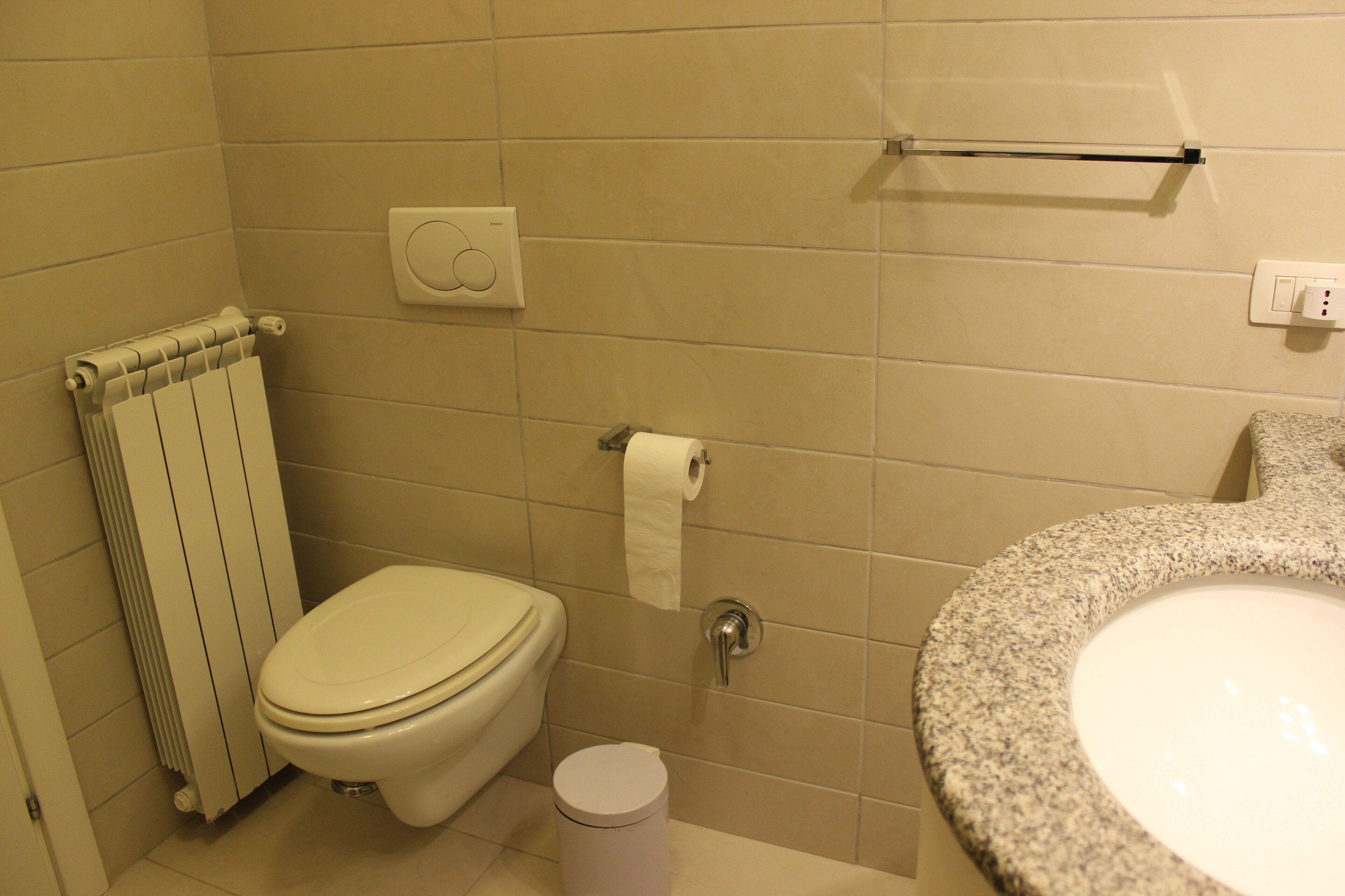 A bathroom with a toilet, a radiator, a towel rack, and a sink.