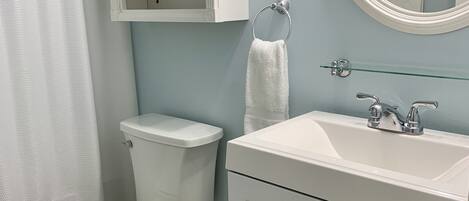Un baño con inodoro, lavabo y espejo.