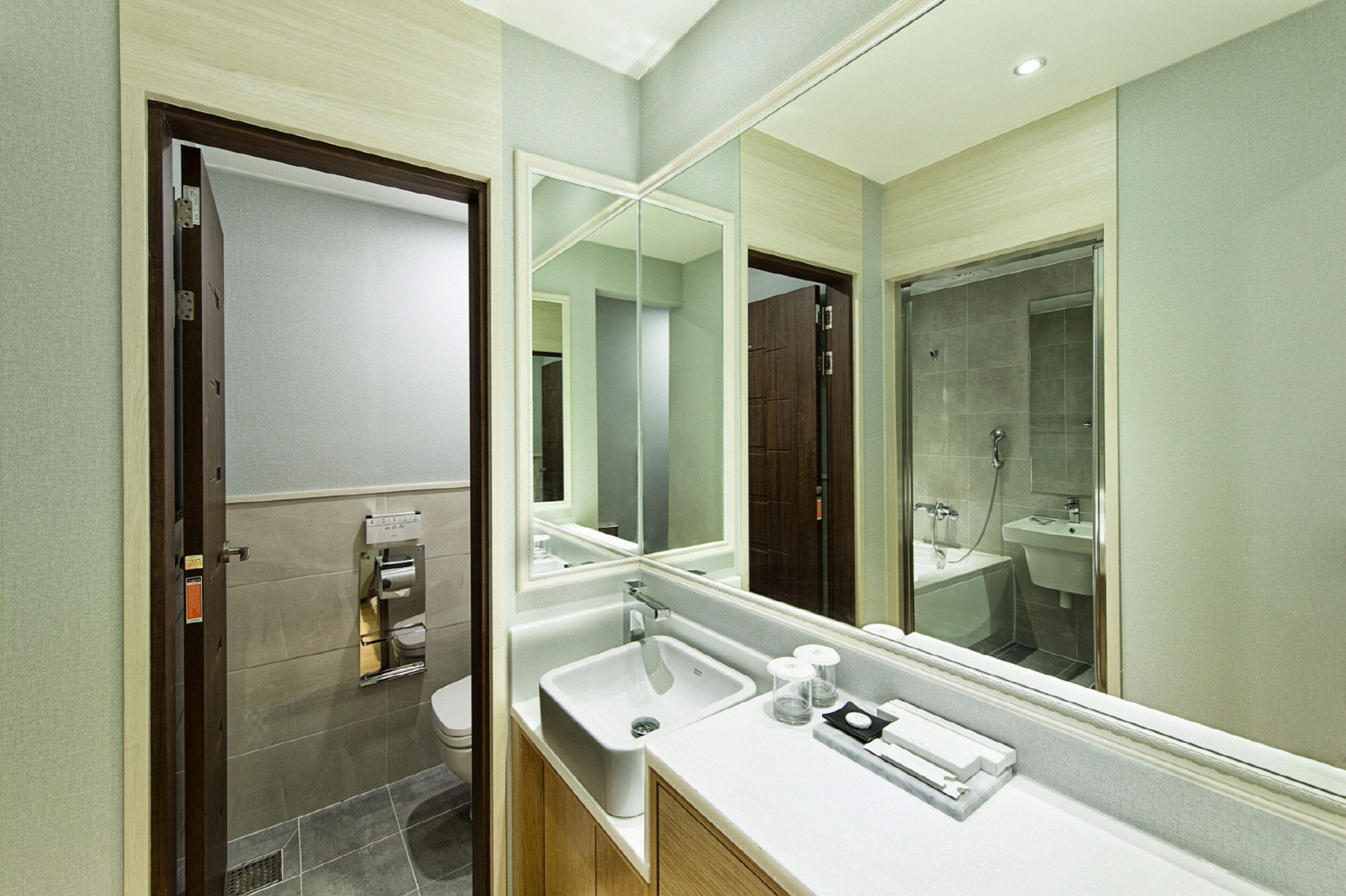 hair dryer, bathrobes, bidet, towels