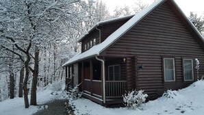 Una cabaña de troncos con un porche y una pequeña terraza, rodeada de árboles cubiertos de nieve.