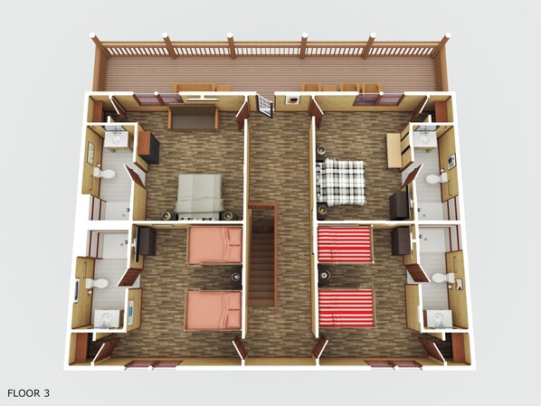 A floor plan of a hotel room with two beds, a bathroom, and a small sitting area. - Lookout Lodge ~ Indoor Pool, Hot Tub & Mountain Views! (Sevierville)