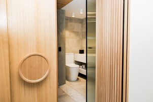 A modern bathroom with a wooden door, a toilet, and a glass partition.