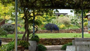 Un jardín con muro de piedra, diversas plantas y una estructura de pérgola.