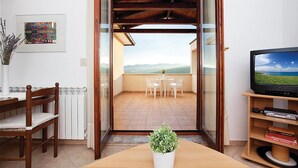 Quarto com porta de vidro deslizante que dá para uma varanda com vista para o campo. Há uma mesa de madeira com cadeiras, um radiador, uma televisão em um suporte e uma estante.