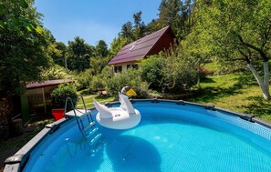 A swimming pool with a swan float, surrounded by lush greenery and a house with a red roof. - Pet friendly home in Lic (Lic)
