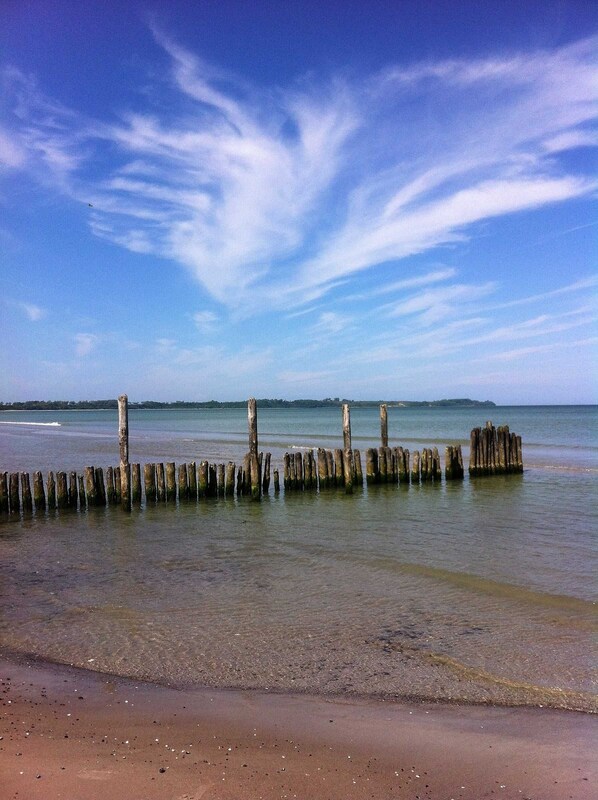 A beach with wooden posts in the water and a clear sky. - Apartment EC - House beach runner (Dranske)