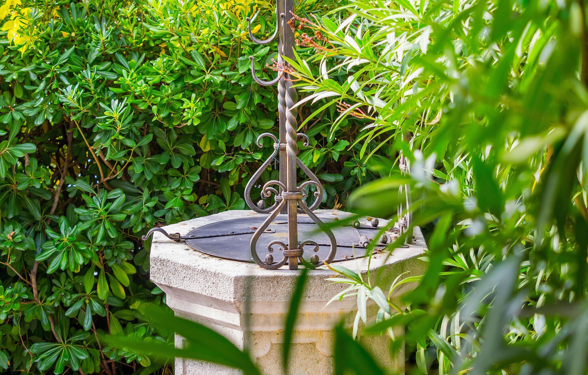 Une fontaine en pierre avec un bec verseur en métal, située dans un jardin luxuriant.