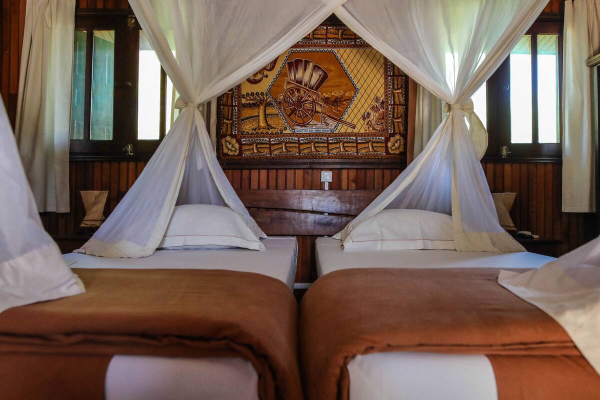 A room with two beds, each with a canopy and white linens.