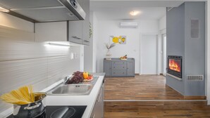 Eine moderne Küche mit Herd, Spüle und Kamin.