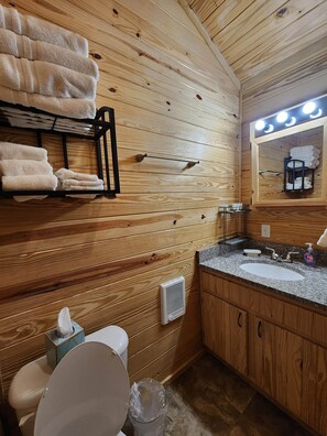 Hair dryer, towels, toilet paper