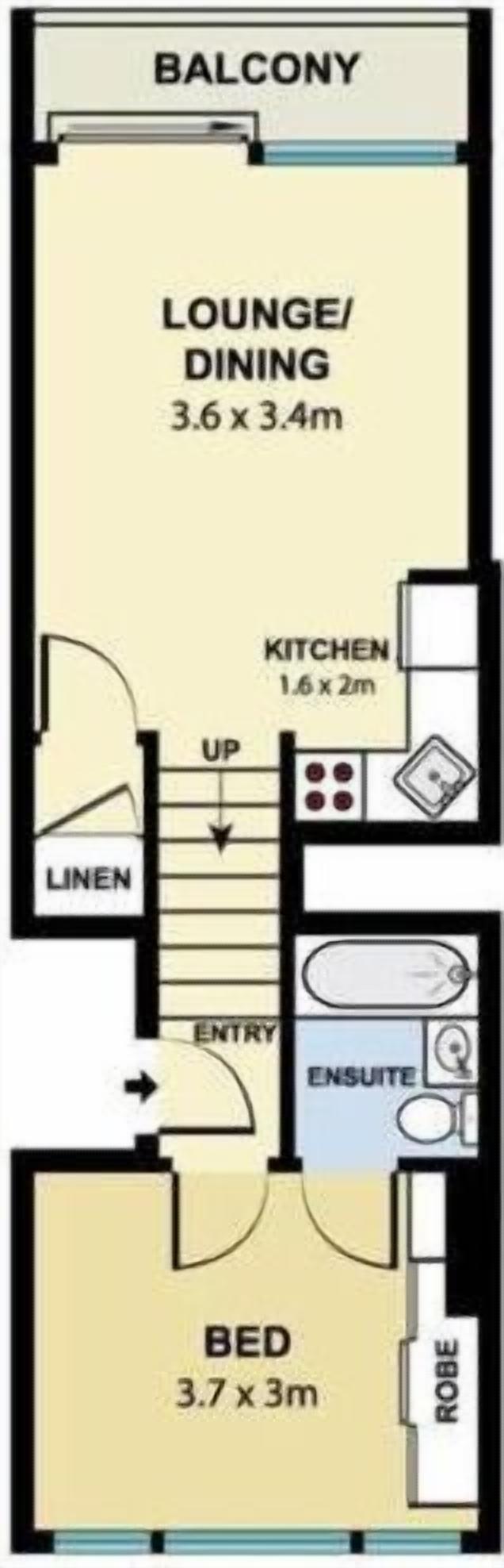 A hotel room layout with a balcony, lounge/dining area (3.6 x 3.4m), kitchen (1.6 x 2m), ensuite bathroom, and a bed (3.7 x 3m).