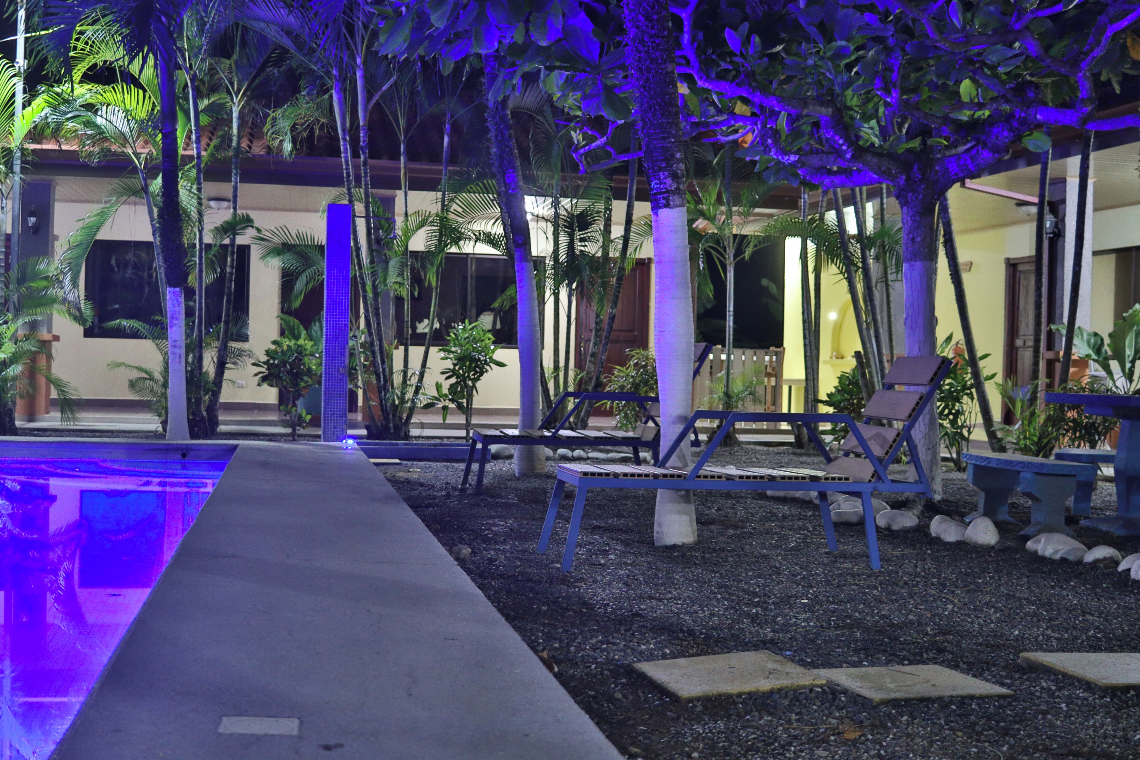 A tranquil outdoor seating area with lounge chairs and a water feature.