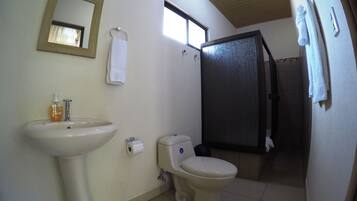 Shower, free toiletries, towels, soap
