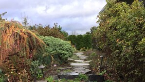 Un sendero de piedra que atraviesa un jardín con diversas plantas y arbustos.