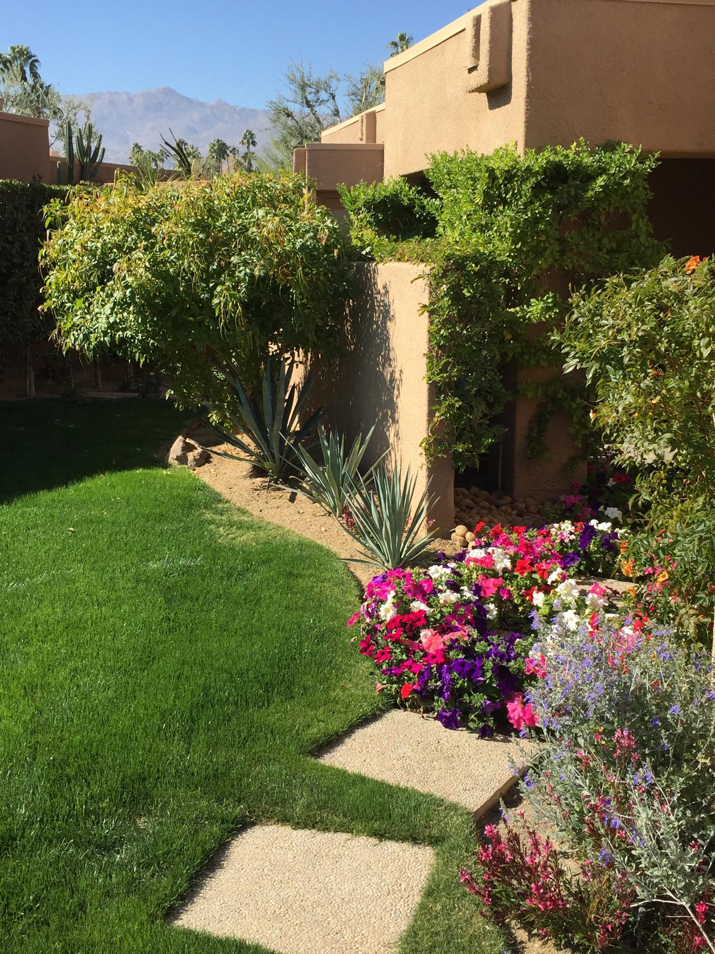 Un jardin bien entretenu, agrémenté de diverses fleurs aux couleurs vives et d’arbustes verdoyants, avec une pelouse soigneusement tondue et un chemin de pierres menant à un bâtiment dont la façade est recouverte d’enduit.