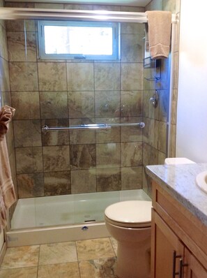 Combined shower/tub, hair dryer, towels, soap