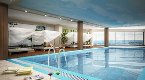 Indoor pool, outdoor pool, pool umbrellas, pool loungers