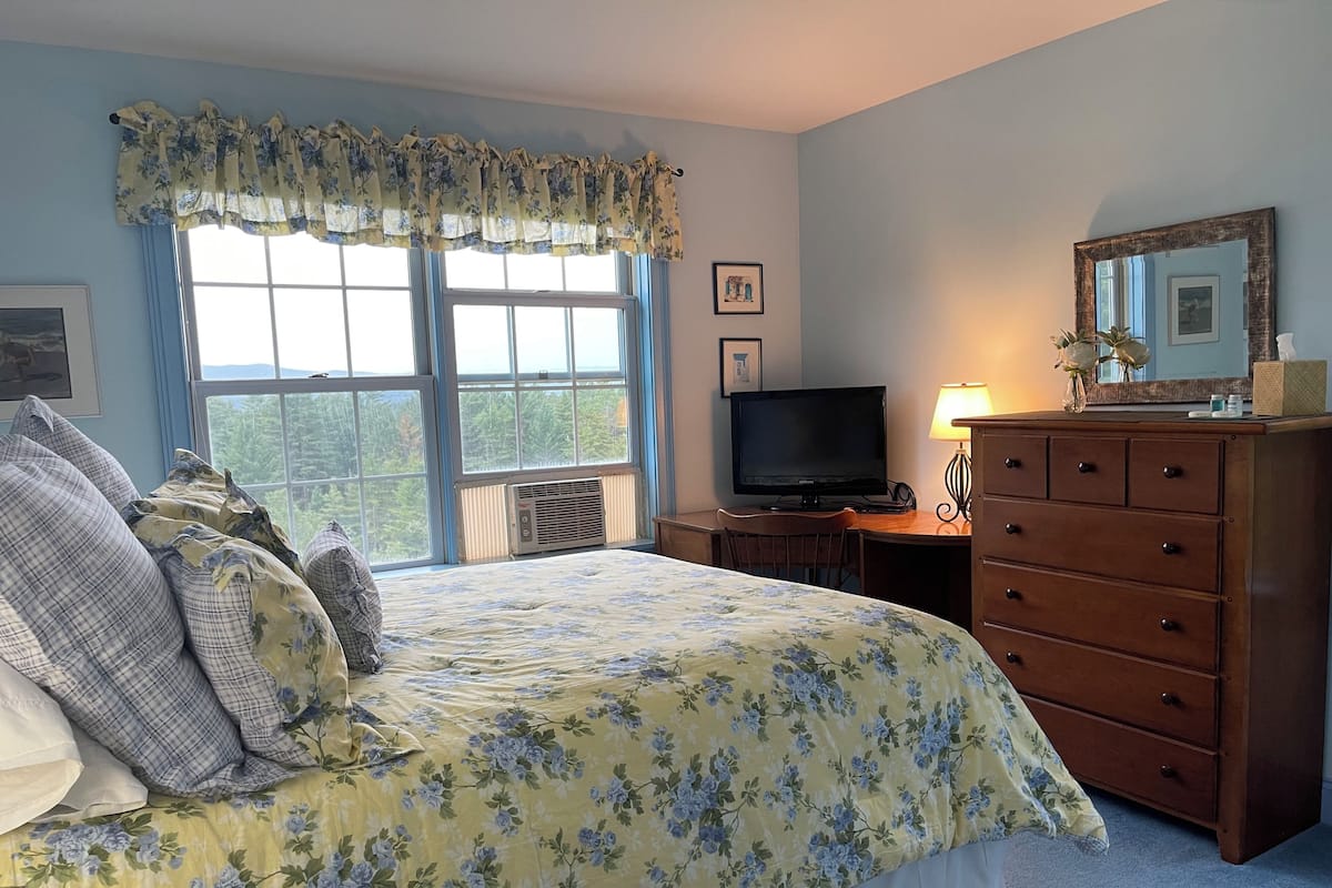 A bedroom with a bed, a television, a dresser, and a window with a view of trees.